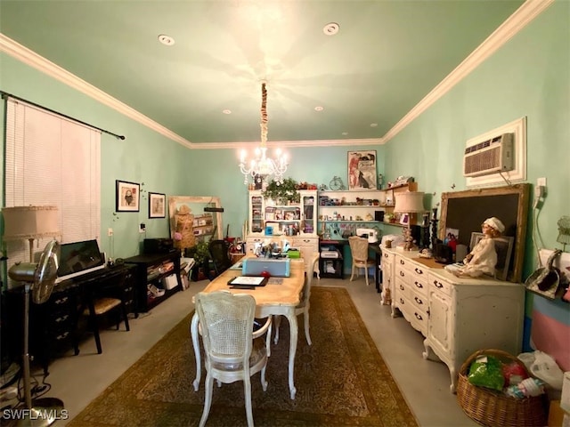 291 Everglades Blvd N, Naples, FL 34120 - dining room featuring an AC wall unit, ornamental molding, and a chandelier