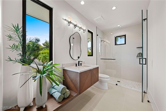 1261 13th Ave N, Naples, FL 34102 - bathroom featuring a shower stall, vanity, recessed lighting, and tile patterned floors