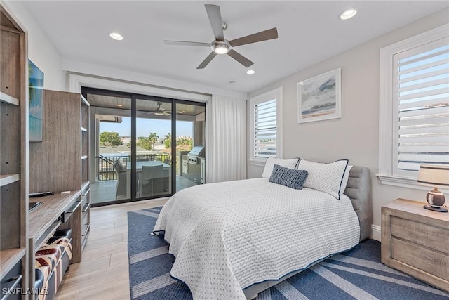 434 Trade Winds Ave, Naples, FL 34108 - bedroom with access to exterior, light wood-type flooring, recessed lighting, and a ceiling fan