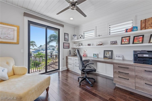 434 Trade Winds Ave, Naples, FL 34108 - office featuring built in study area, ceiling fan, dark wood-type flooring, recessed lighting, and crown molding