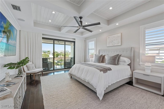 434 Trade Winds Ave, Naples, FL 34108 - bedroom featuring access to outside, coffered ceiling, multiple windows, hardwood / wood-style flooring, and recessed lighting