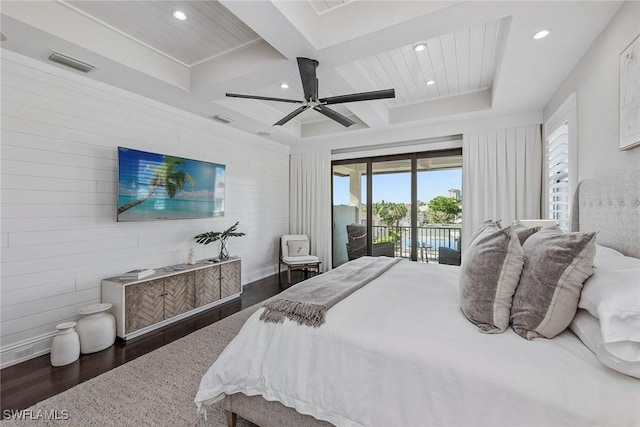 434 Trade Winds Ave, Naples, FL 34108 - bedroom with access to exterior, wood finished floors, recessed lighting, coffered ceiling, and ceiling fan