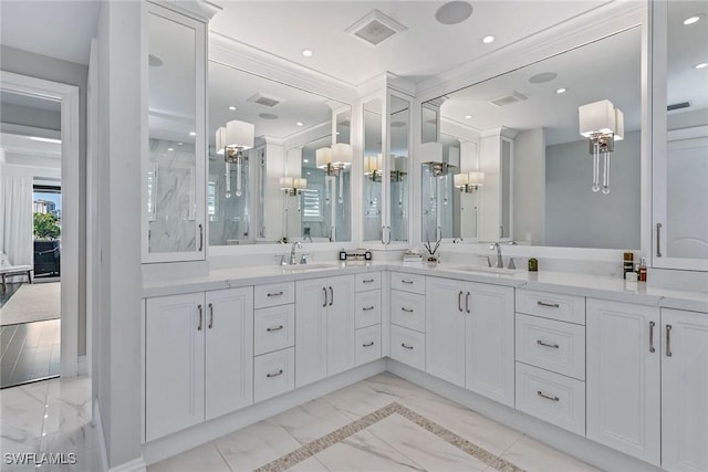434 Trade Winds Ave, Naples, FL 34108 - bathroom featuring marble tiled flooring, double vanity, recessed lighting, and a shower