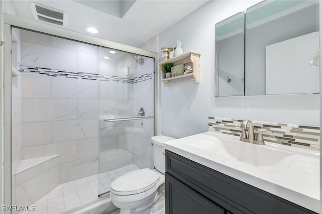 1208 Edington Pl Unit E204, Marco Island, FL 34145 - full bathroom featuring backsplash, vanity, a stall shower, and recessed lighting