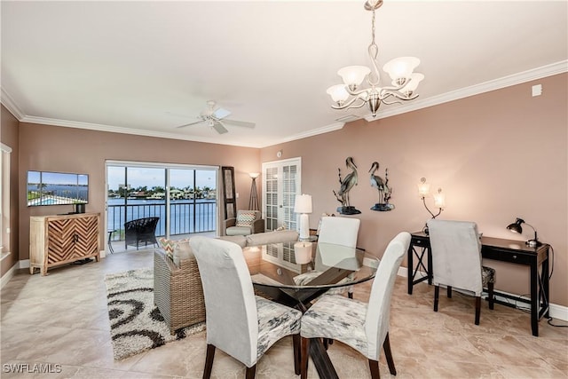 816 E Elkcam Cir Unit 305, Marco Island, FL 34145 - dining area featuring a chandelier, ornamental molding, and a ceiling fan