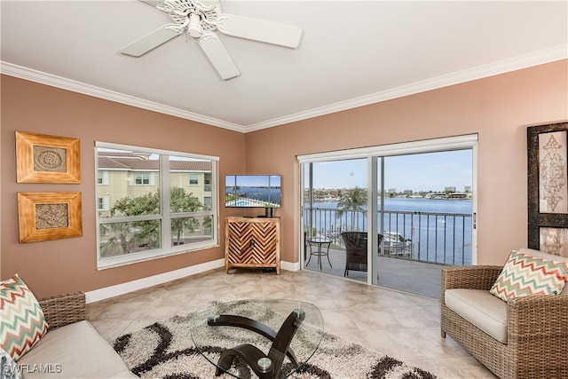 816 E Elkcam Cir Unit 305, Marco Island, FL 34145 - sitting room with ornamental molding, ceiling fan, and tile patterned flooring