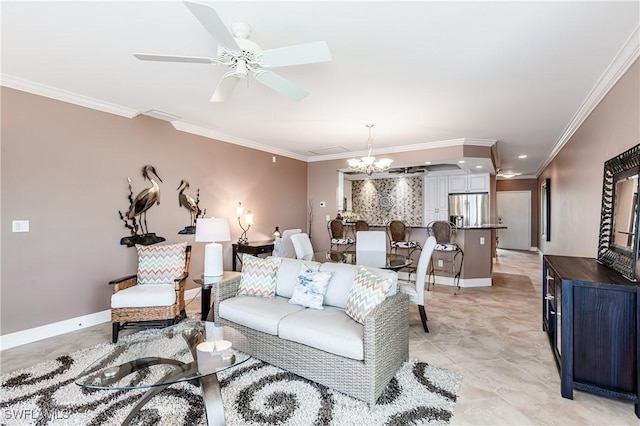 816 E Elkcam Cir Unit 305, Marco Island, FL 34145 - living room featuring crown molding, a chandelier, a ceiling fan, and recessed lighting