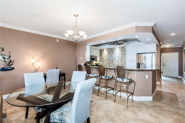 816 E Elkcam Cir Unit 305, Marco Island, FL 34145 - dining space featuring crown molding, a chandelier, recessed lighting, and ceiling fan