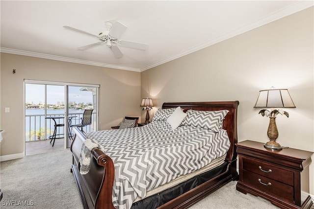816 E Elkcam Cir Unit 305, Marco Island, FL 34145 - bedroom with access to exterior, light carpet, crown molding, a water view, and ceiling fan