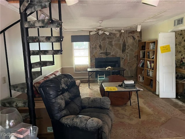 6292 Morgan La Fee Ln, Fort Myers, FL 33912 - living room featuring a ceiling fan, rail lighting, and ornamental molding