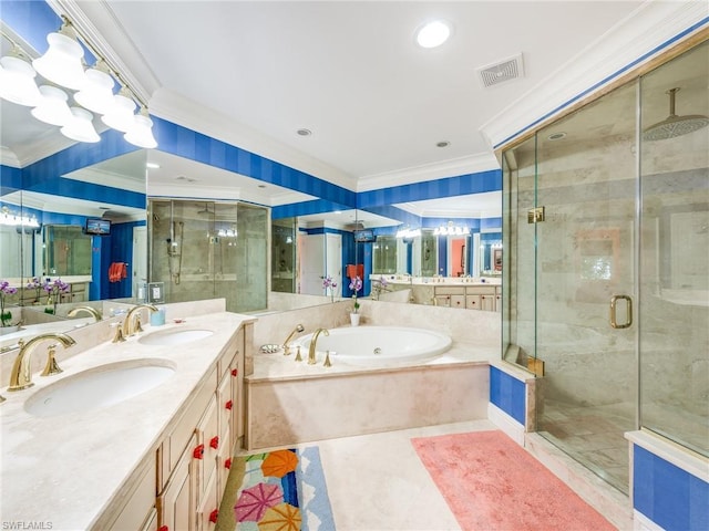 bathroom featuring shower with separate bathtub, tile flooring, double vanity, and crown molding