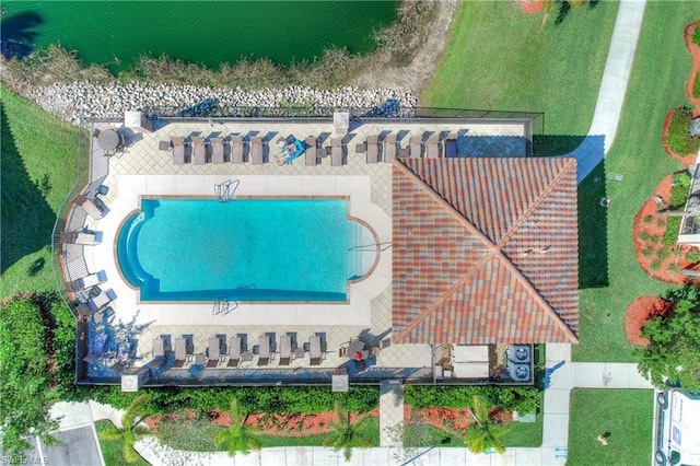 drone / aerial view with a water view