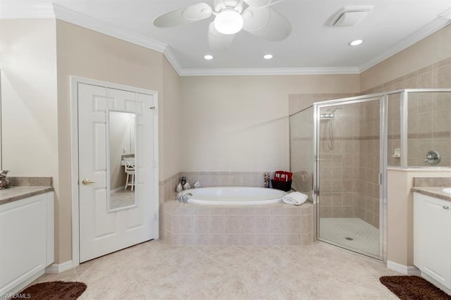 bathroom with vanity, plus walk in shower, ceiling fan, tile floors, and ornamental molding