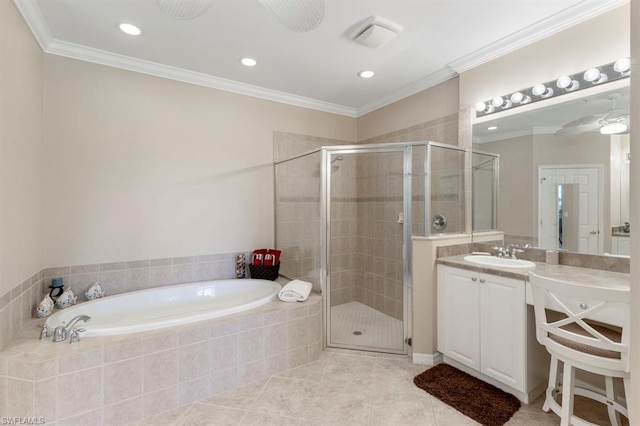 bathroom featuring ceiling fan, tile flooring, vanity with extensive cabinet space, separate shower and tub, and crown molding