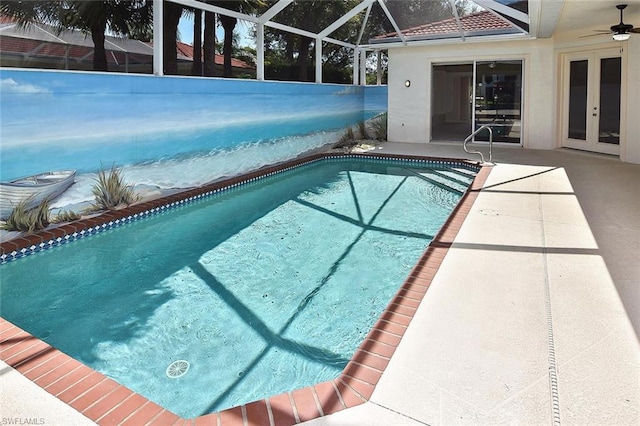 view of pool featuring french doors, a lanai, ceiling fan, and a patio