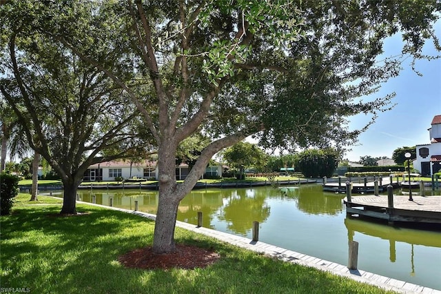 exterior space with a lawn and a water view