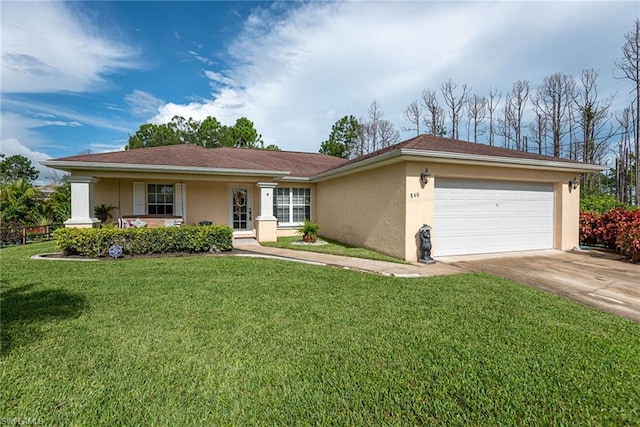 ranch-style house with a front lawn, covered porch, and a garage