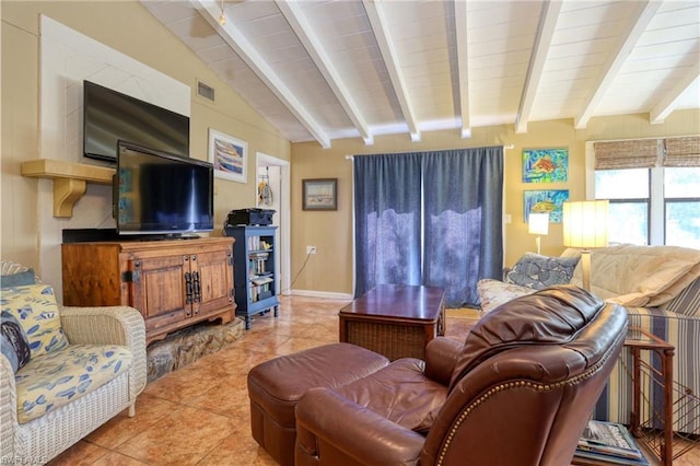 tiled living room with lofted ceiling with beams