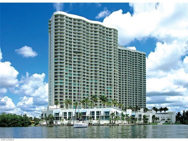 view of building exterior featuring a water view