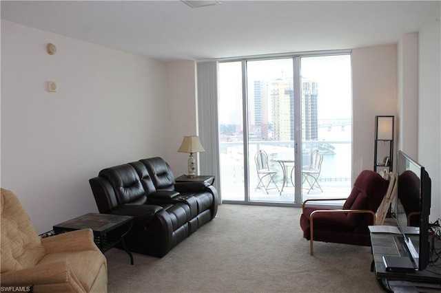 living room with carpet and floor to ceiling windows