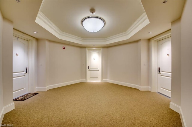 unfurnished room featuring light carpet, a tray ceiling, and ornamental molding