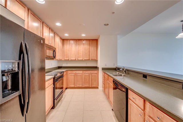 kitchen featuring light brown cabinetry, sink, light tile floors, and black appliances