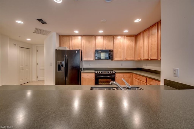 kitchen featuring light brown cabinetry, black appliances, and sink