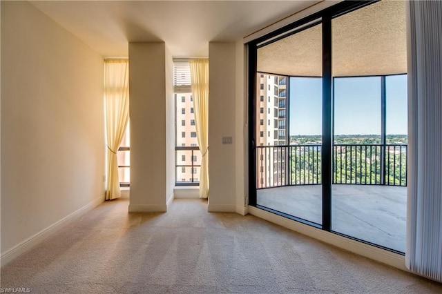 doorway to outside featuring light carpet, expansive windows, and a wealth of natural light