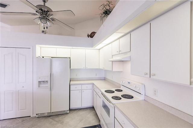 kitchen featuring white appliances, white cabinetry, ceiling fan, and light tile floors