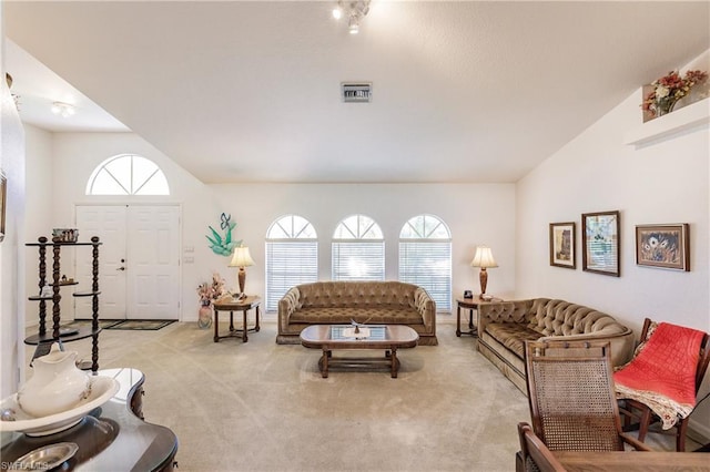 carpeted bedroom featuring lofted ceiling and multiple windows