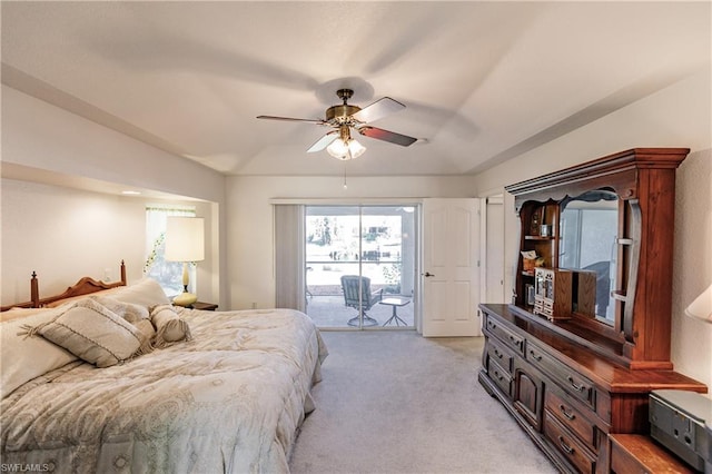 bedroom featuring access to outside, ceiling fan, and light colored carpet