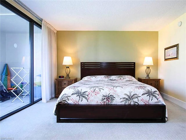 bedroom with light carpet, access to exterior, and a textured ceiling