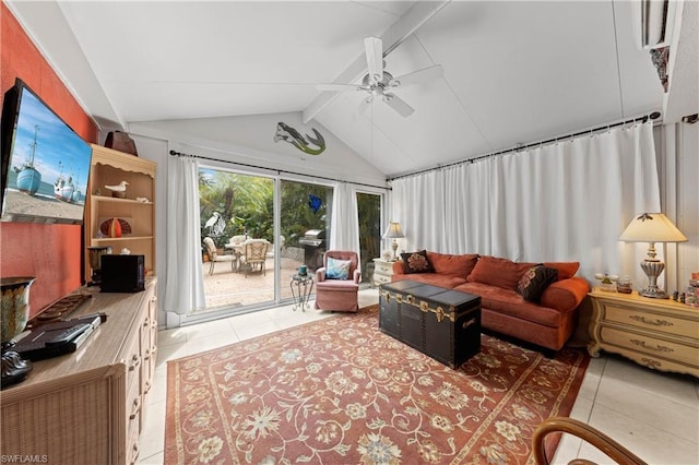 living room with lofted ceiling with beams, light tile flooring, and ceiling fan