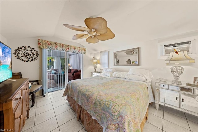 tiled bedroom with access to outside, ceiling fan, and vaulted ceiling