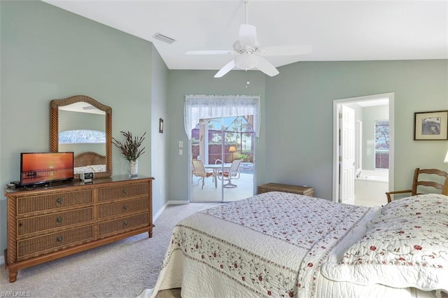 carpeted bedroom with connected bathroom, ceiling fan, access to outside, and lofted ceiling