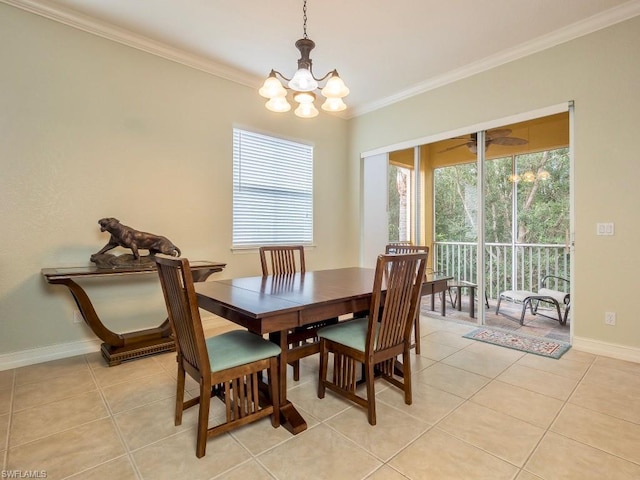 dining area featuring light tile floors, a notable chandelier, and ornamental molding