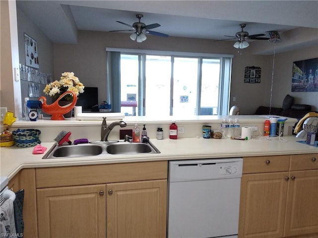 kitchen with plenty of natural light, white dishwasher, and ceiling fan