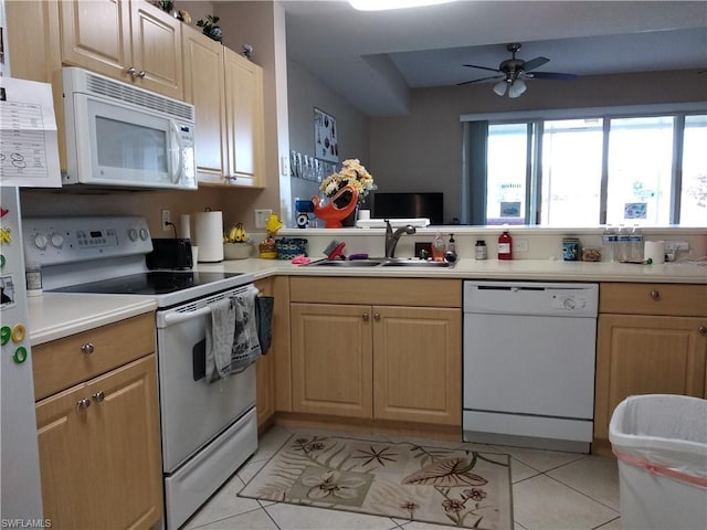 kitchen with white appliances, ceiling fan, light tile floors, sink, and light brown cabinets