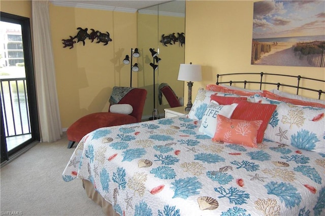 bedroom featuring light carpet, ornamental molding, a closet, and access to outside