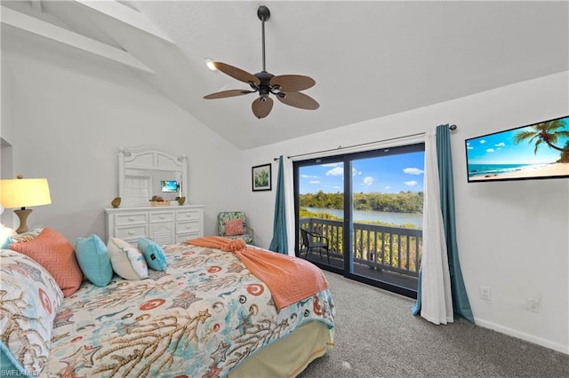 carpeted bedroom featuring high vaulted ceiling, a water view, ceiling fan, and access to outside