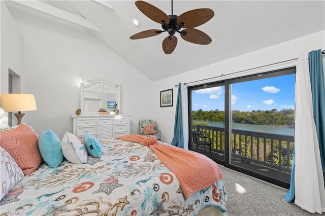 bedroom featuring high vaulted ceiling, access to exterior, ceiling fan, light carpet, and a water view