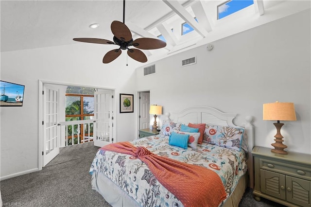 bedroom with dark carpet, ceiling fan, high vaulted ceiling, and beam ceiling