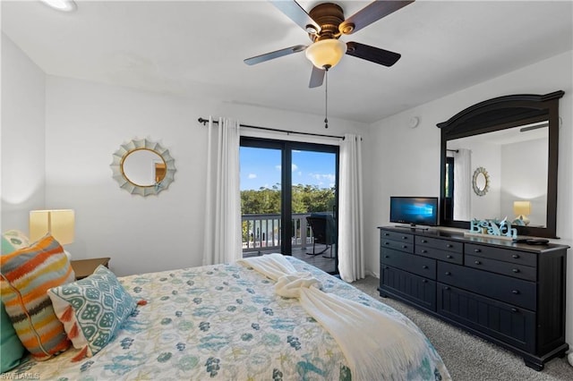 bedroom with access to exterior, light carpet, and ceiling fan