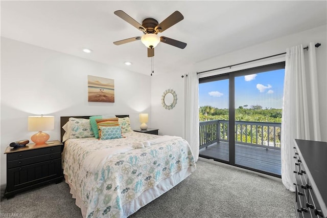 carpeted bedroom with ceiling fan, access to outside, and multiple windows