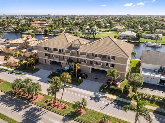 bird's eye view with a water view