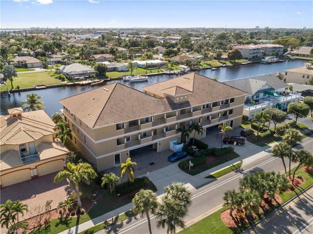 drone / aerial view featuring a water view