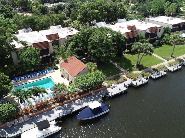 bird's eye view with a water view