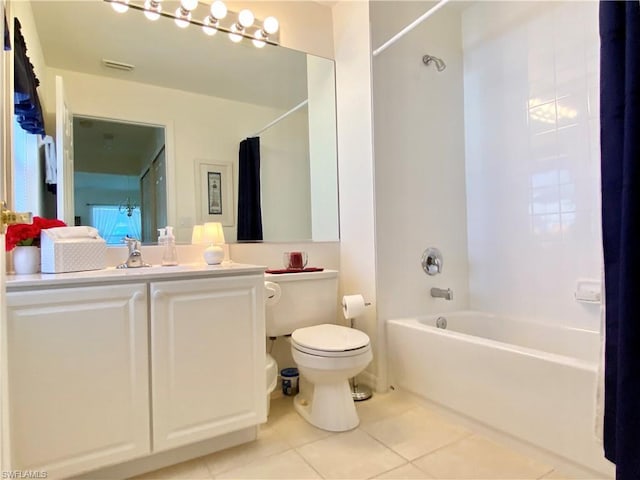 full bathroom featuring vanity, tile flooring, shower / bath combo, and toilet