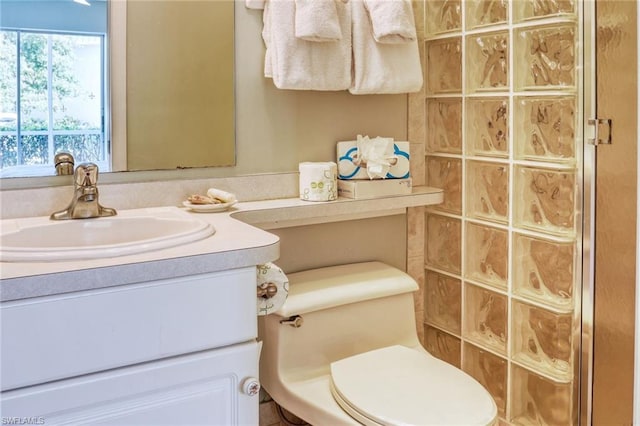 bathroom with toilet and vanity with extensive cabinet space