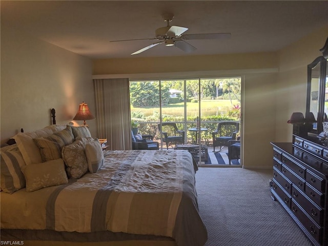 bedroom featuring ceiling fan, access to exterior, and carpet floors